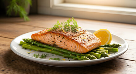 Delicious Pan-Seared Salmon with Fresh Asparagus and Lemon.