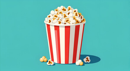 Classic Popcorn Bucket with Red and White Stripes on a Vibrant Teal Background.