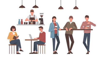 Diverse Group of Customers and Barista in a Contemporary Cafe Setting, Engaged in Work, Reading, and Leisure Activities, Flat Design Vector Illustration