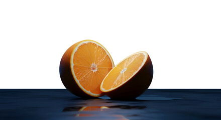 Freshly Sliced Orange Halves on a Reflective Dark Surface.