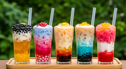 Vibrant assortment of colorful bubble tea drinks lined up on a wooden tray outdoors, showcasing various flavors and toppings.