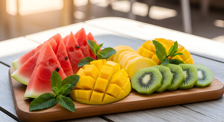 Assortment of Freshly Sliced Tropical Fruits on a Wooden Board.
