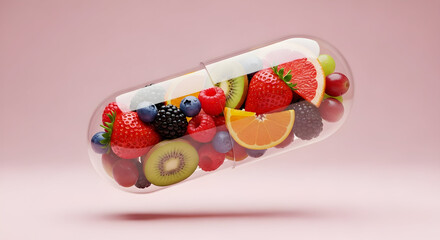 Vibrant Fruit-Filled Capsule Symbolizing Healthy Diet and Nutritional Supplements.