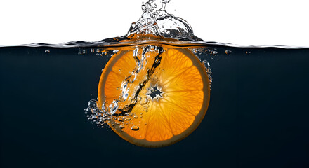 Vibrant orange fruit splashing into clear water with dynamic bubbles.