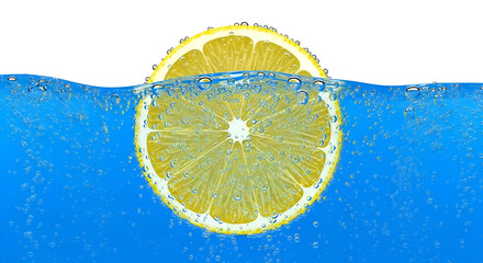Fresh Lemon Slice Floating in Refreshing Blue Water with Bubbles.