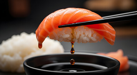 Delicious salmon sushi being dipped in soy sauce, a close-up shot showcasing the fresh fish and traditional Japanese cuisine.