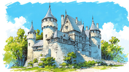 丘の上に建つ伝説の城と緑あふれる草原が織りなす異世界の風景｜ファンタジー建築と自然のイラスト素材