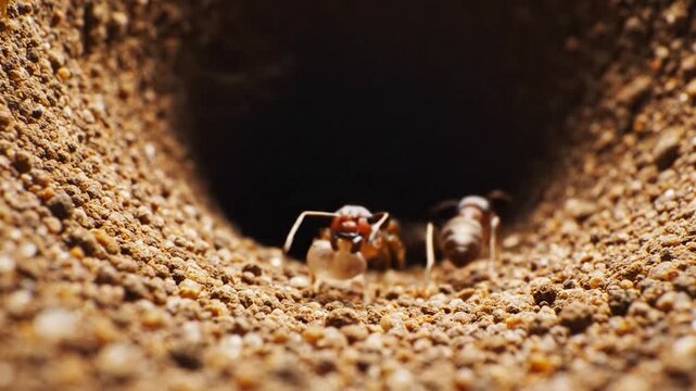 Macro view of ant colony activity on sandy ground many insects moving and carrying materials near underground nest entrance
