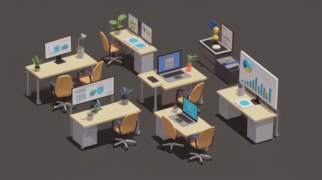 Isometric office desks with computers and charts.