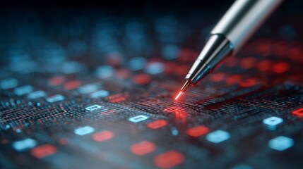 Close-up of a pen tip over a digital circuit board with blue & red glowing elements. Focus is on the pen point and details of the surface