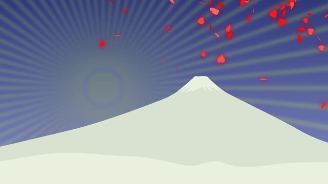Animated Japanese Mount Fuji with Falling Red Cherry Blossom Petals and Blue Sunburst Background. Flat Illustration Motion Graphics for Japan Culture or New Year.