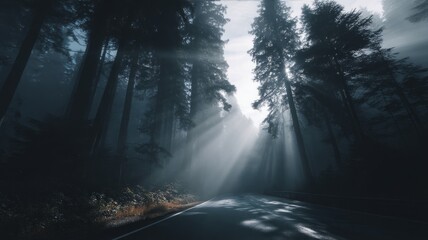 Obraz premium Sunlit forest road with atmospheric mist. Artificial intelligence image