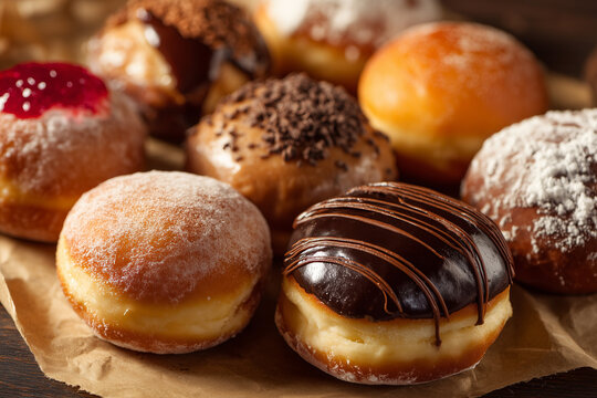 Traditional sweet donuts with powdered sugar and jam. Fat Thursday or Hanukkah celebration. freshly baked jelly donuts stack 