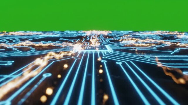 Electric Circuit Pulse with energy pulses flowing through circuit effect ad_ready green screen digital circuit board animations style