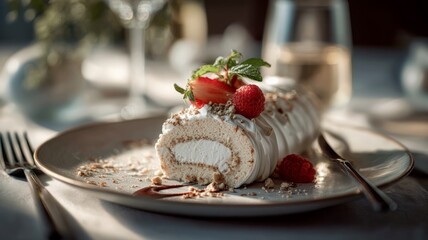 Exquisite swiss roll with berries and lemons. Artificial intelligence image