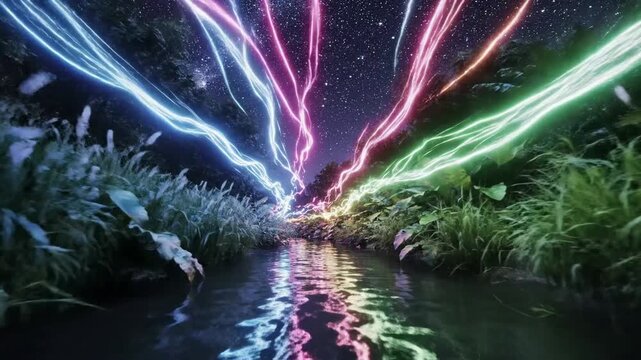 Glowing pathways leading to hidden coves with neon light trails streaking across effect ad_ready green screen neon glow style