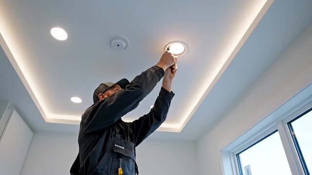 Man installing recessed light fixture on white ceiling during home renovation and construction
