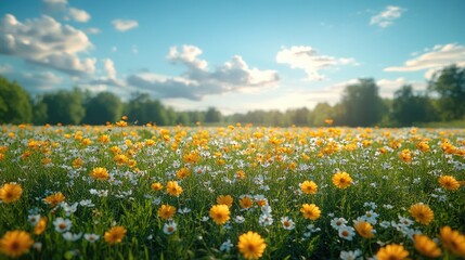 A vibrant meadow of yellow and white daisies under a blue sky with fluffy clouds