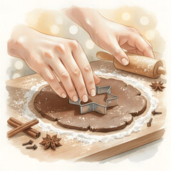 Watercolor painting of hands cutting star shaped Christmas cookies