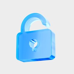 3D Glass Lock icon, secure privacy protection symbol. Liquid Glass design icon, a trending glass icon for graphic design, UI, UX interfaces, and 3D illustration.