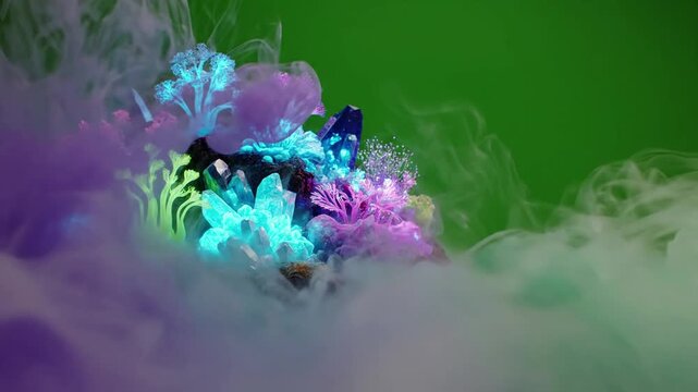 Misty morning dew glistens on forest leaves with abstract fog patterns, revealing a effect ad_ready green screen subtle fog style