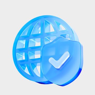 3D Glass Global Check icon, verified worldwide approval symbol. Liquid Glass design icon, a trending glass icon for graphic design, UI, UX interfaces, and 3D illustration.