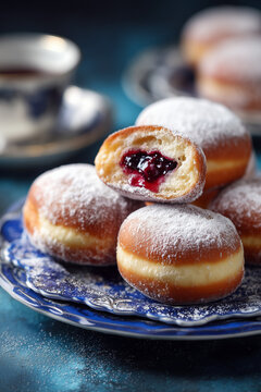 Traditional sweet donuts with powdered sugar and jam. Fat Thursday or Hanukkah celebration. freshly baked jelly donuts stack 