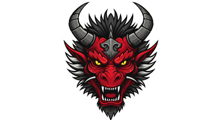 Detailed vector illustration of a fierce red dragon head with sharp horns and menacing eyes, isolated on a clean white background, perfect for fantasy themes.