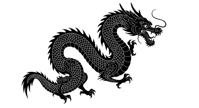 A majestic black oriental dragon rendered in a detailed vector illustration, gracefully soaring against a clean white background, embodying ancient mythology.