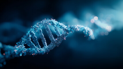 A detailed DNA double helix formed by particles representing genetic structure, biotechnology and molecular research.
