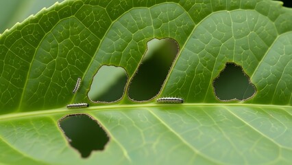 Small green caterpillars eating holes in a vibrant green leaf, causing visible plant damage.