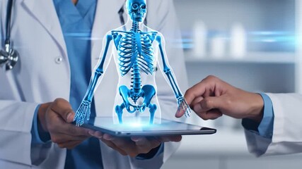 Medical professional interacting with digital human skeleton hologram on tablet for health diagnostics and anatomy study - Powered by Adobe
