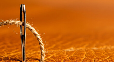 飴色のレザーに麻紐を通す針とコピースペース レザークラフトの瞬間