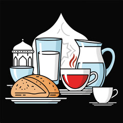 Ramadan Iftar Illustration Bread Drinks and Mosque Silhouette.