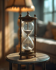 old hourglass on wooden table