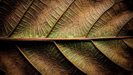 Close-up macro shot of a dry leaf showcasing intricate vein patterns and earthy textures.
