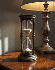 old hourglass on wooden table