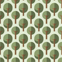 Seamless Pattern of Stylized Trees with Green Foliage and Brown Trunks.