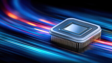 High performance ai chipset traveling at warp speed with motion blur and vibrant light trails