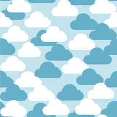 Seamless Pattern of White and Blue Clouds on Light Blue Background.