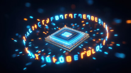 Glowing AI chipset with circular code stream, futuristic neon processor visualization