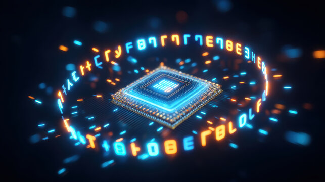 Glowing AI chipset with circular code stream, futuristic neon processor visualization - Powered by Adobe