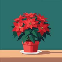 Vibrant Poinsettia Plant in Red Pot on Table.