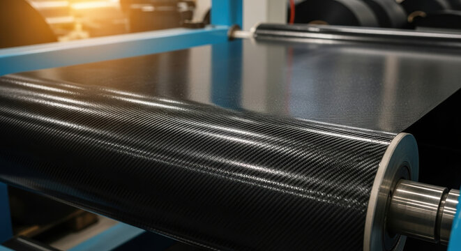 Glossy carbon fiber sheet roll on industrial machine in modern manufacturing facility with sunlight flare, advanced composite material production technology background