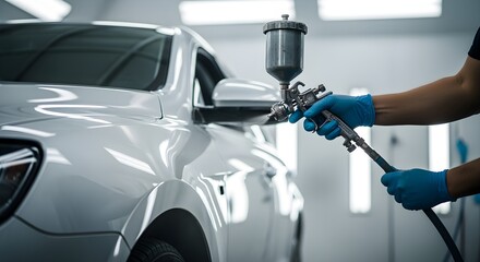 Professional car painter applying fresh white paint to a vehicle in a specialized auto body shop.