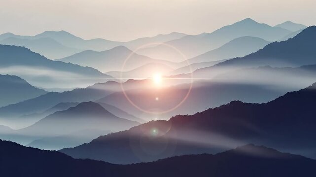 A serene sunrise over misty layered mountains creates a tranquil atmosphere. - Powered by Adobe