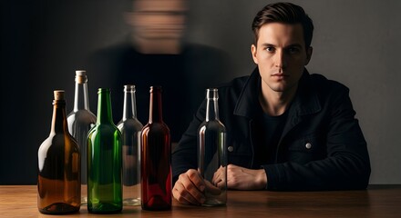 Young man with a serious expression sitting at a table with several empty liquor bottles depicting themes of alcoholism and addiction.