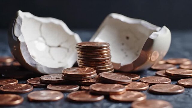 Money coin stack with cracked eggshell close up still life composition