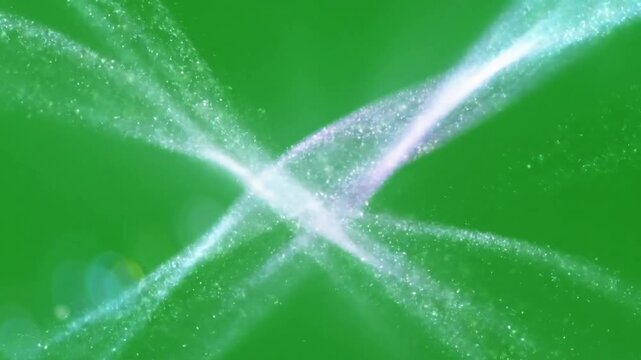 Ethereal light beams weave through misty mountain landscape with triple parallel light beams slowly effect ad_ready green screen