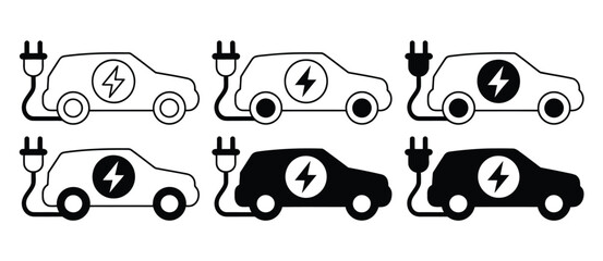Electric Car Charging Black Icon Bundle, a modern vector collection designed for green mobility, renewable transport energy concepts, electric vehicles, sustainability graphics